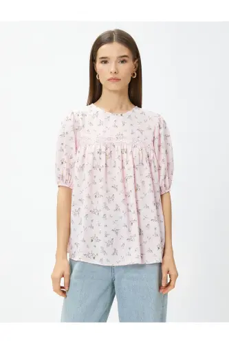 Floral Blouse with Broderie Anglaise Trim and Balloon Sleeves - 3