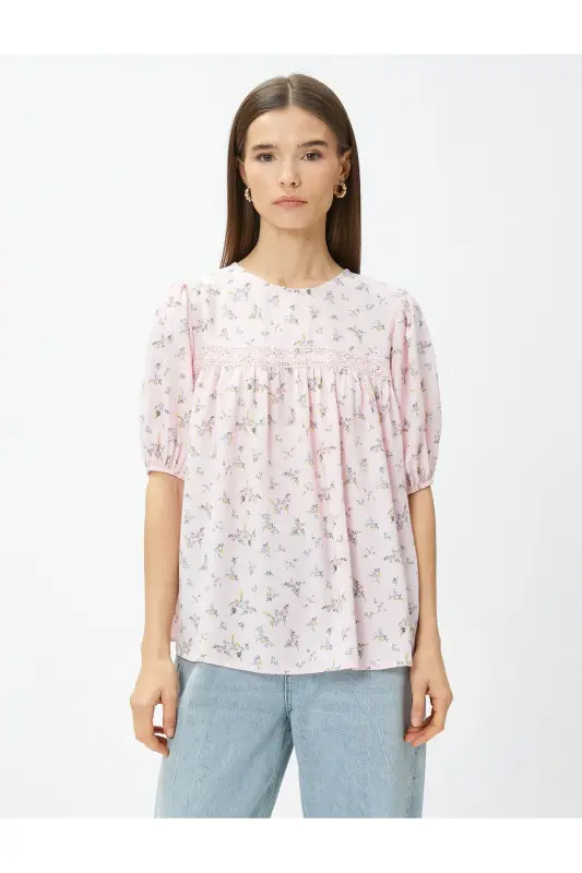 Floral Blouse with Broderie Anglaise Trim and Balloon Sleeves - 3