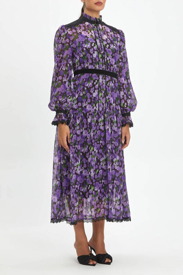 Floral Button Belted Dress 39085 in Purple - 1