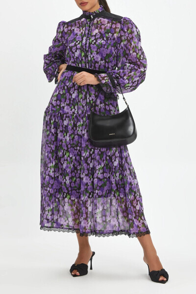 Floral Button Belted Dress 39085 in Purple - 4