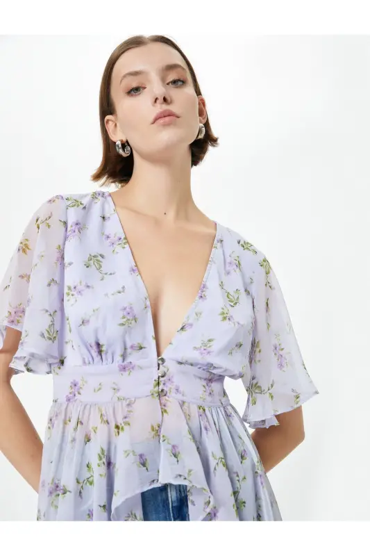 Floral Chiffon Blouse Asymmetric Cut Deep V Neck Detail - 1