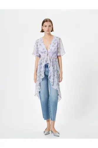 Floral Chiffon Blouse Asymmetric Cut Deep V Neck Detail - 3