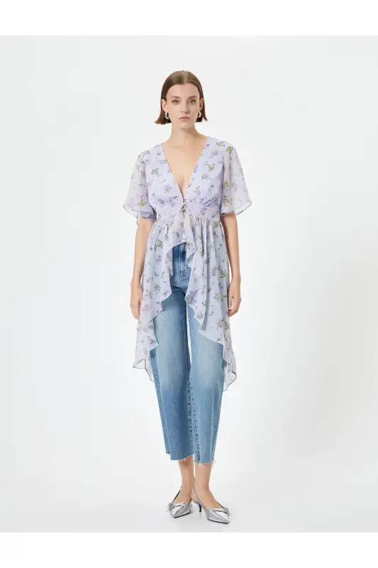 Floral Chiffon Blouse Asymmetric Cut Deep V Neck Detail - 3