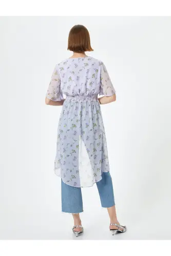 Floral Chiffon Blouse Asymmetric Cut Deep V Neck Detail - 4