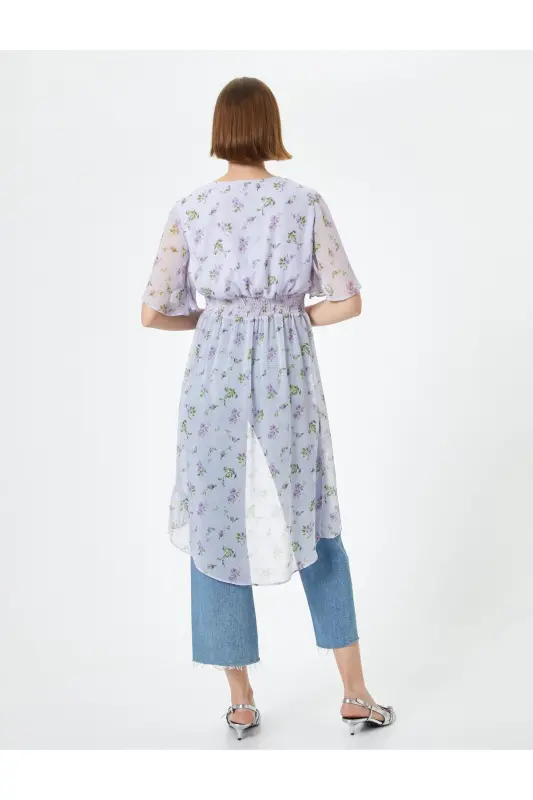 Floral Chiffon Blouse Asymmetric Cut Deep V Neck Detail - 4