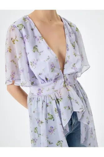 Floral Chiffon Blouse Asymmetric Cut Deep V Neck Detail - 5