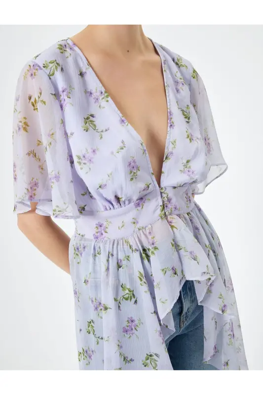 Floral Chiffon Blouse Asymmetric Cut Deep V Neck Detail - 5