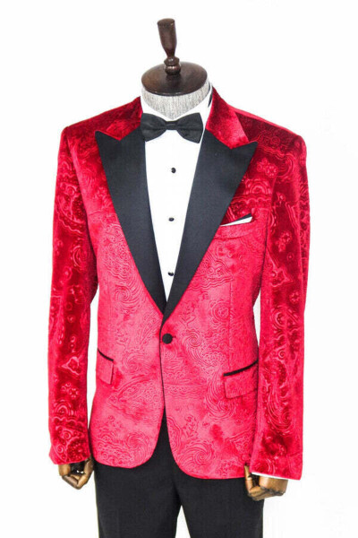Floral Desenli Kadife Bordo Erkek Smokin Ceket - Wessi - Bordo - 7