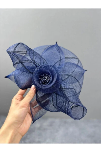 Floral Design Bridal Hat Henna Night Elegant Costume Wedding Hat Navy Blue - Modazone