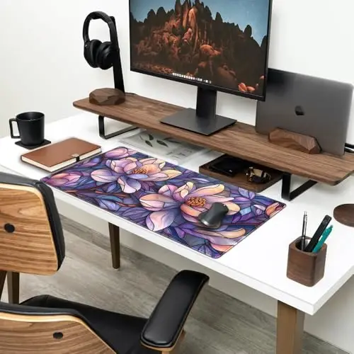 Floral Desk Mat Gaming Large Mouse Pad Desk Keyboard Pad, Long Computer Mat Faux Stained Glass Artistic Patterns Mouse Mat, Aesthetic Floral Purple & Pink Desk Protector Office Decor 31.5