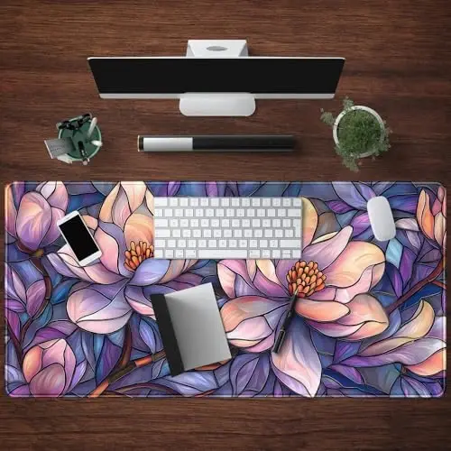 Floral Desk Mat Gaming Large Mouse Pad Desk Keyboard Pad, Long Computer Mat Faux Stained Glass Artistic Patterns Mouse Mat, Aesthetic Floral Purple & Pink Desk Protector Office Decor 31.5