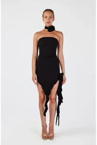 Floral Detailed Frilled Rosanna Dress Black - 1