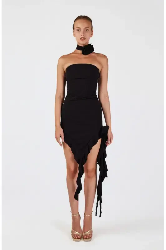 Floral Detailed Frilled Rosanna Dress Black - 1