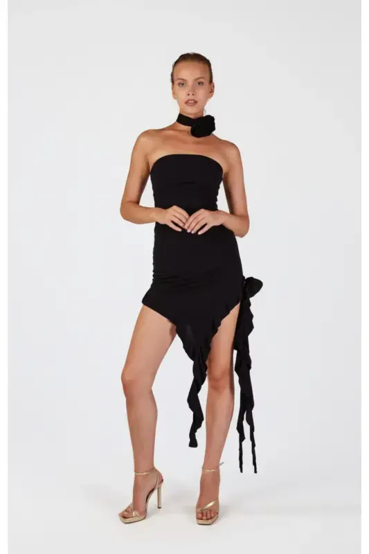 Floral Detailed Frilled Rosanna Dress Black - 2