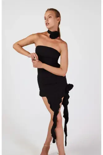 Floral Detailed Frilled Rosanna Dress Black - 5