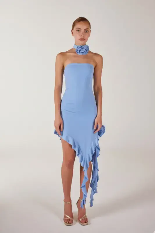 Floral Detailed Frilled Rosanna Dress Blue-Blue - 4