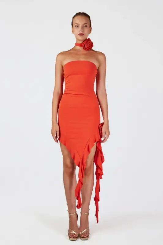 Floral Detailed Ruffled Rosanna Dress Orange-Orange - HOLLY LOLLY