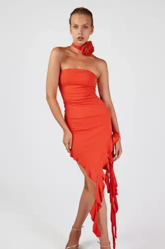 Floral Detailed Ruffled Rosanna Dress Orange-Orange - 4