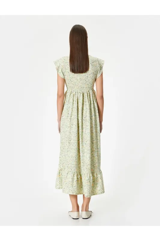 Floral Dress Midi Length Crossover V-Neck Watermelon Sleeve Crinkle-Khaki Patterned - 4