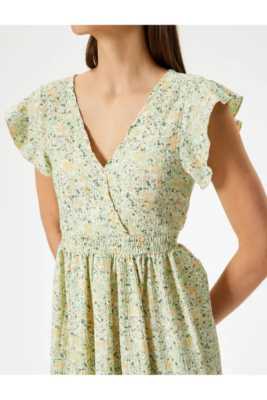 Floral Dress Midi Length Crossover V-Neck Watermelon Sleeve Crinkle-Khaki Patterned - 5