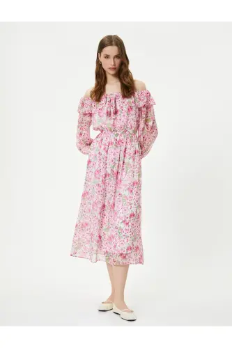Floral Dress Midi Off Shoulder Tie Detail - 2