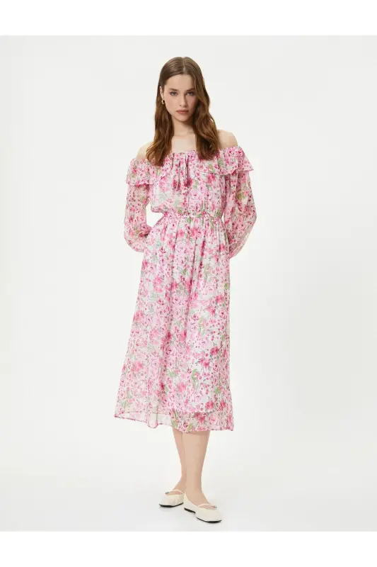 Floral Dress Midi Off Shoulder Tie Detail - 2