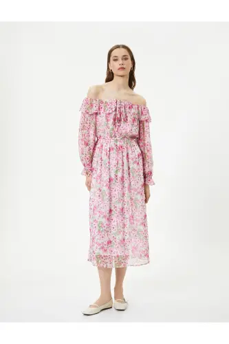 Floral Dress Midi Off Shoulder Tie Detail - 3