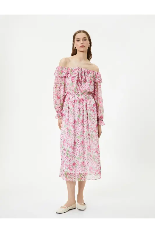 Floral Dress Midi Off Shoulder Tie Detail - 3