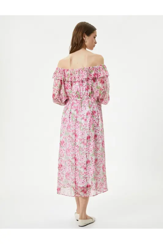 Floral Dress Midi Off Shoulder Tie Detail - 4