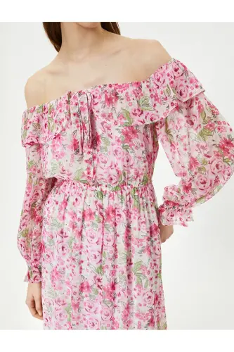 Floral Dress Midi Off Shoulder Tie Detail - 5