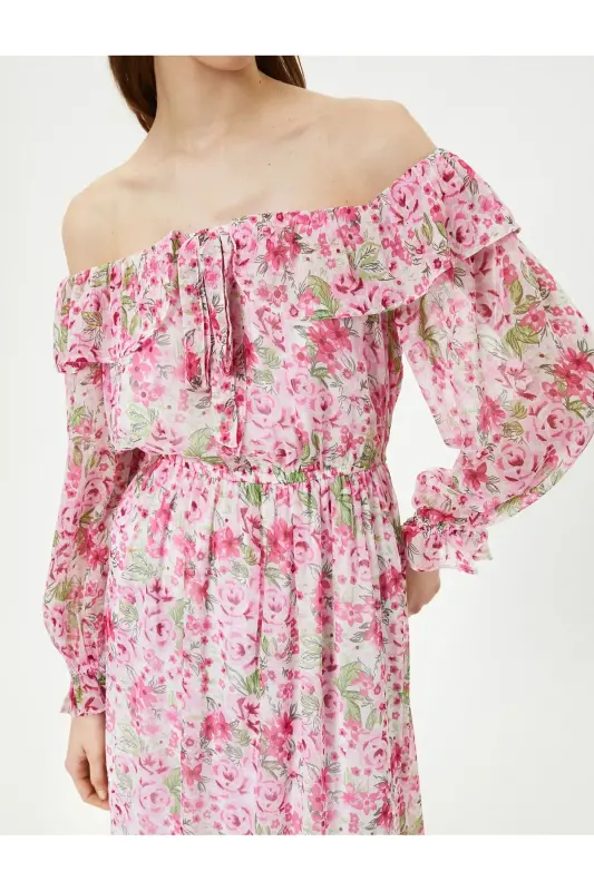 Floral Dress Midi Off Shoulder Tie Detail - 5