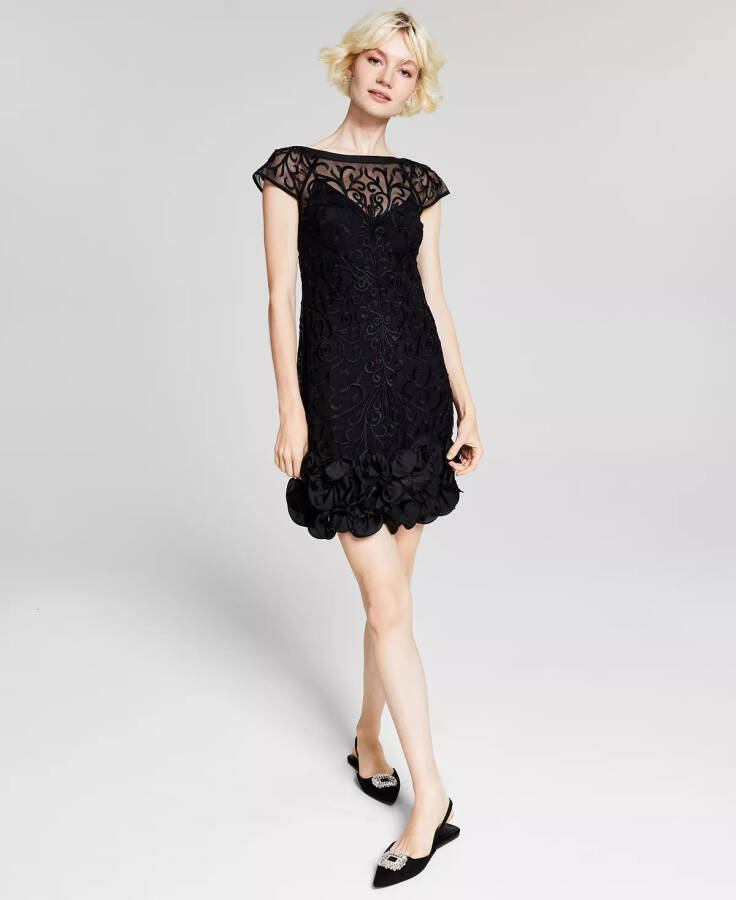 Floral-Lace Ruffled-Hem Sheath Black Dress - 1