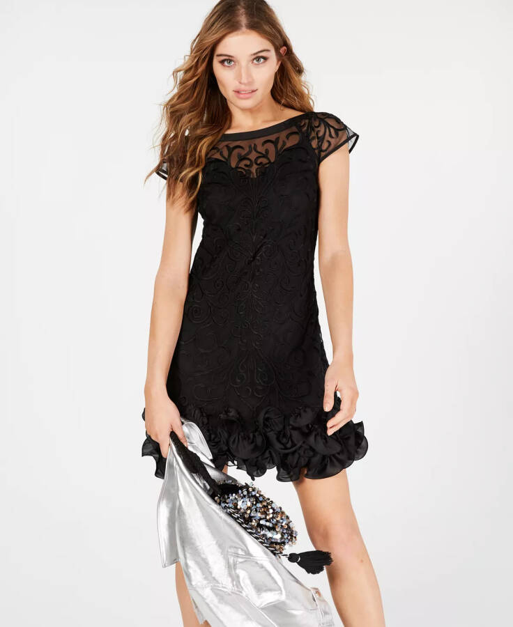 Floral-Lace Ruffled-Hem Sheath Black Dress - 5