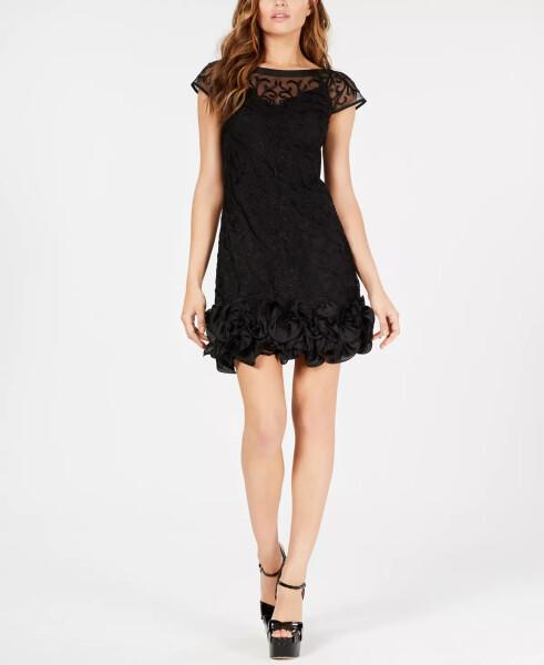 Floral-Lace Ruffled-Hem Sheath Black Dress - 6