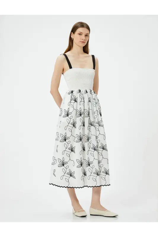 Floral Midi Dress with Guipure Straps and Square Neck - 2