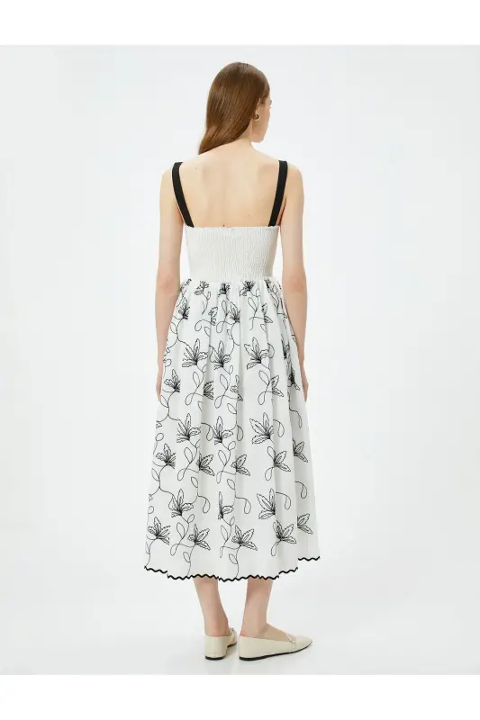 Floral Midi Dress with Guipure Straps and Square Neck - 4
