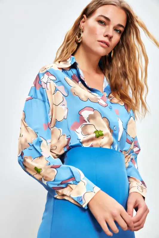 Floral Patterned Oversize Shirt - BABY BLUE-BABY BLUE - 1