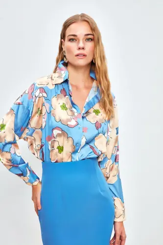 Floral Patterned Oversize Shirt - BABY BLUE-BABY BLUE - 2