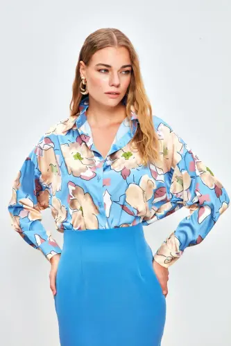 Floral Patterned Oversize Shirt - BABY BLUE-BABY BLUE - 3