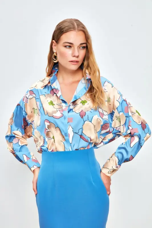 Floral Patterned Oversize Shirt - BABY BLUE-BABY BLUE - 3