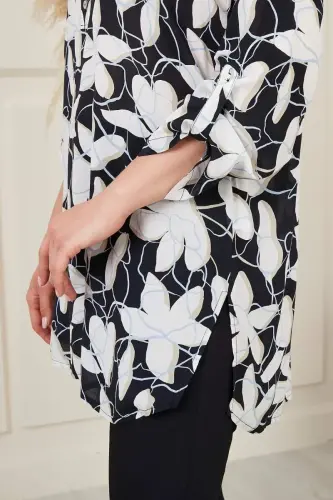 Floral Patterned Voile Viscose Plus Size Black Tunic - 3