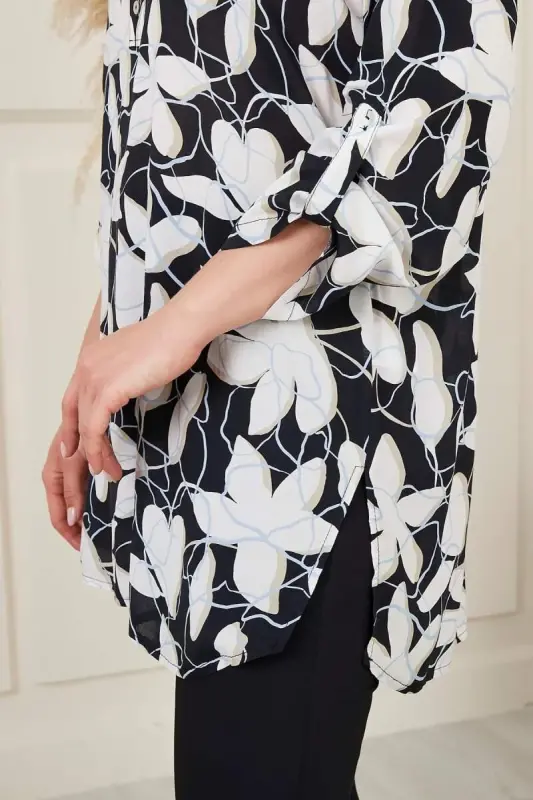 Floral Patterned Voile Viscose Plus Size Black Tunic - 3