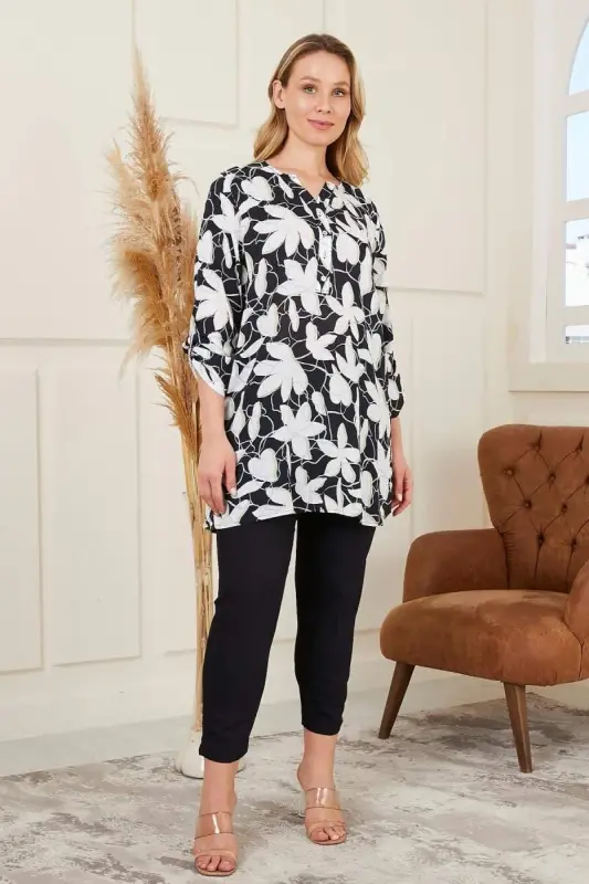 Floral Patterned Voile Viscose Plus Size Black Tunic - 5