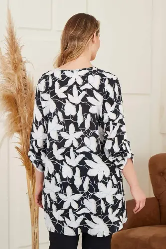 Floral Patterned Voile Viscose Plus Size Black Tunic - 6