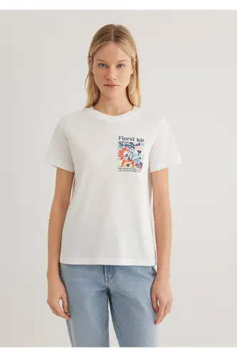 Floral Print Ecru T-Shirt Semi Slim Fit - 4