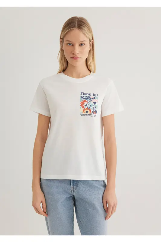 Floral Print Ecru T-Shirt Semi Slim Fit - 4