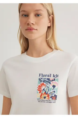 Floral Print Ecru T-Shirt Semi Slim Fit - 6