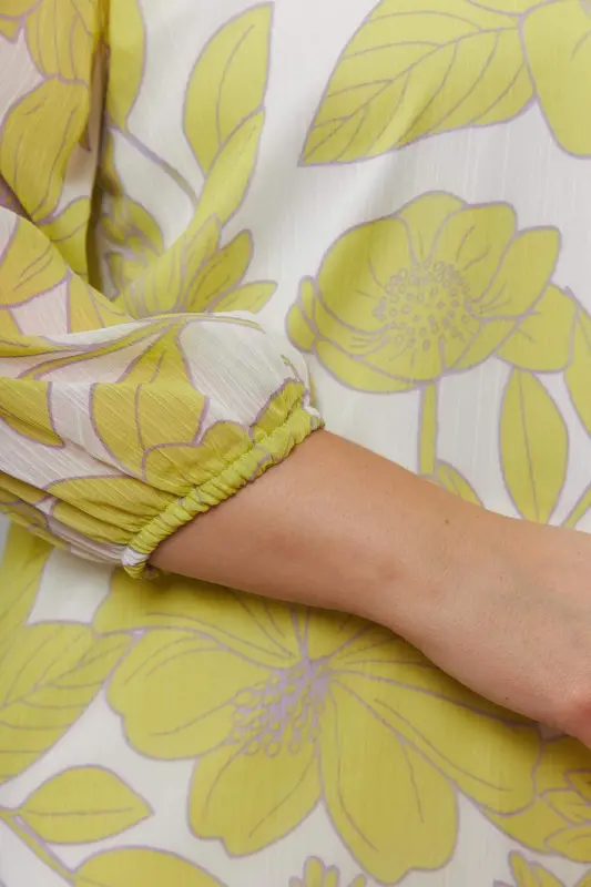 Floral Print Elastic Sleeve Bicycle Collar Plus Size Chiffon Blouse Yellow - 2