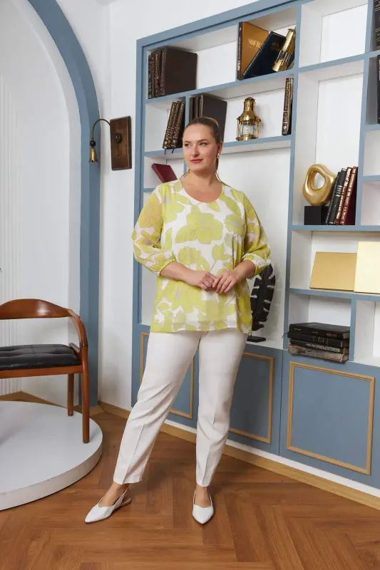 Floral Print Elastic Sleeve Bicycle Collar Plus Size Chiffon Blouse Yellow - 5