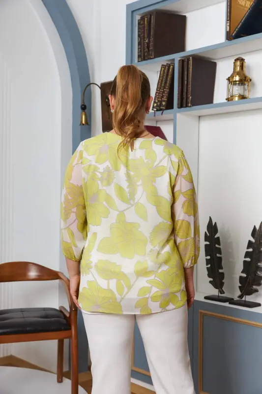 Floral Print Elastic Sleeve Bicycle Collar Plus Size Chiffon Blouse Yellow - 6
